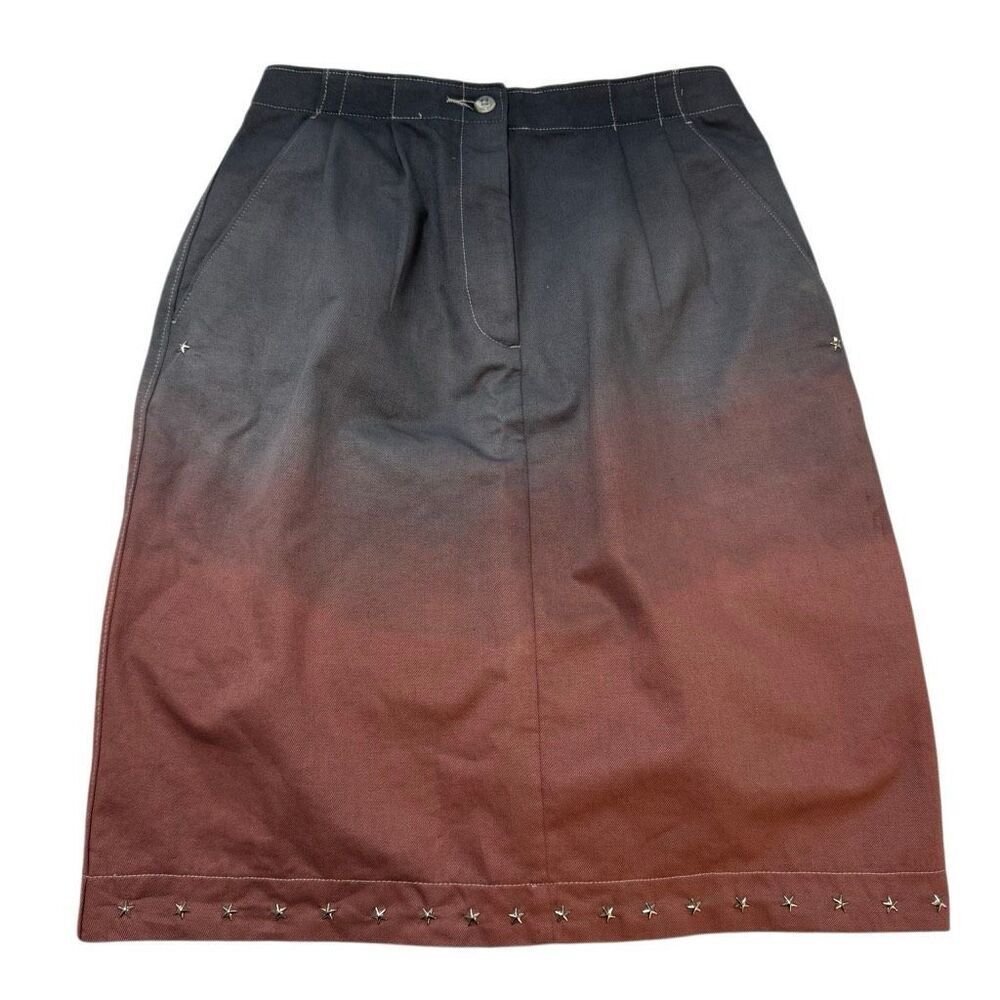 Hand-Dyed Reworked Vtg Star Studded Black Burgundy Ombré Straight Pleated Skirt
